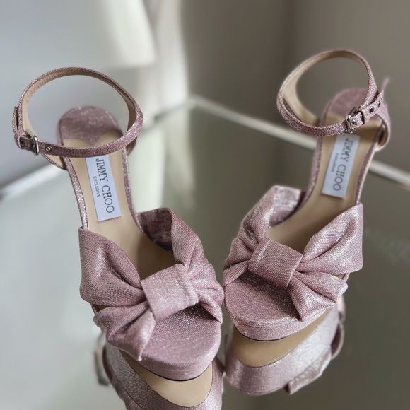 New JIMMY CHOO Heloise Shimmer Ankle-Strap Platform Sandals - Balletpink $1,095 - Picture 1 of 8